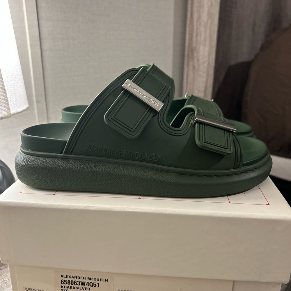 Alexander McQueen Dark Green Slide Sandals with Silver Buckles